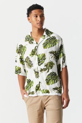 Urban Planet Tropical Leaf Print Button-Up Shirt | White | | Mens