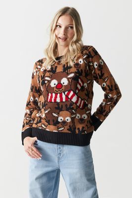 Urban Planet Reindeer Print Knit Christmas Sweater | Black | | Womens