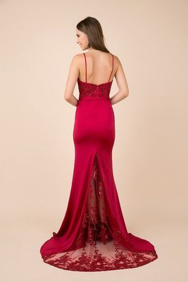 RED EMBROIDERED BODICE EVENING DRESS