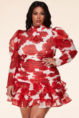 Bold rose print sheer mini dress