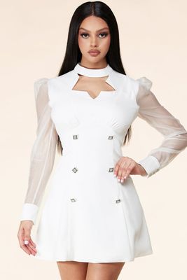 White mini dress with contrast mesh sleeves