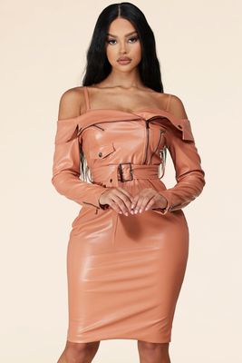 This peak shoulder faux leather mini dress