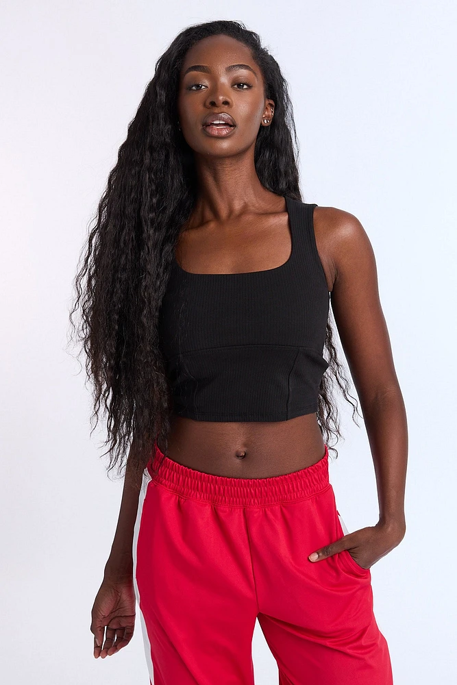 Ribbed Knit Square Neck Corset Tank Top