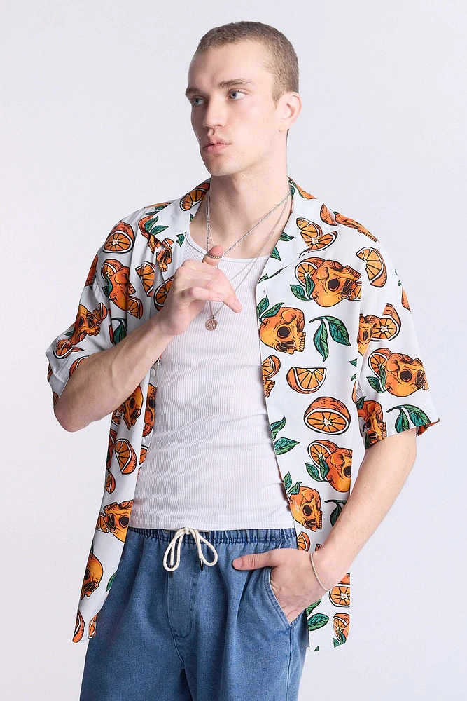 Arsenic Mens Orange Skulls Button-Up