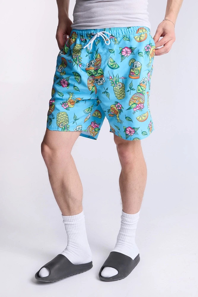 Arsenic Mens Tropical Skulls Beach Shorts