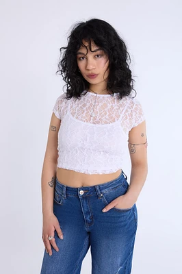 Lace Cap Sleeve Cropped Top