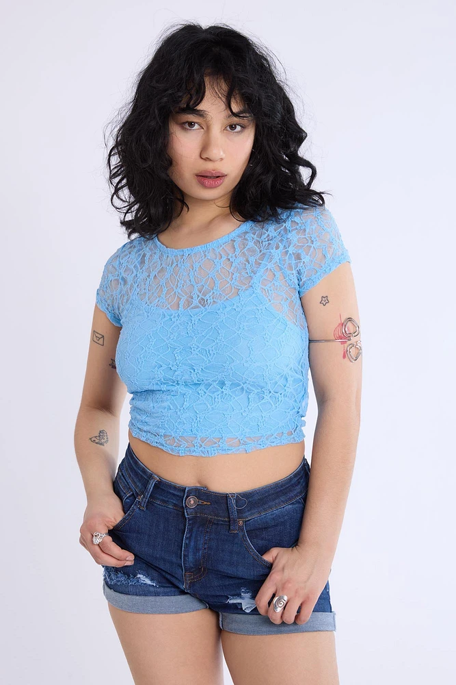 Lace Cap Sleeve Cropped Top
