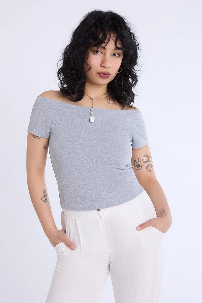 Short Sleeved Off Shoulder Ribbed Knit Top