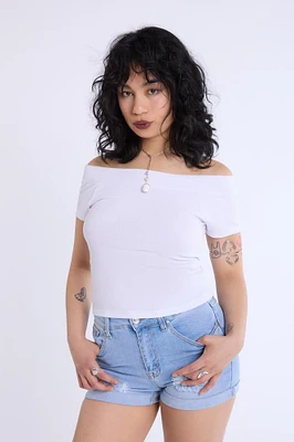 Short Sleeved Off Shoulder Ribbed Knit Top