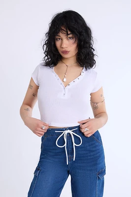 Curved Hem Cropped Henley Tee
