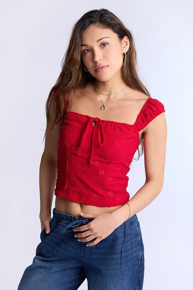Square-Neck Eyelet Top