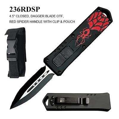 Armed Force OTF Knife w/Sheath Black Stainless-Steel Dagger Blade/Black Zinc Alloy Handle with Red Spider SKU 236RDSP