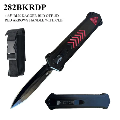 Armed Force Tactical OTF Knife w/Sheath Black Stainless-Steel Dagger Blade/Black Zinc Alloy Handle with Red Arrows SKU 282BKRDP