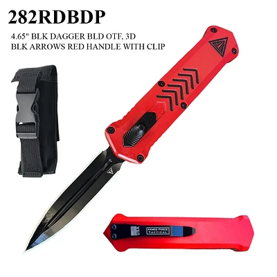 Armed Force Tactical OTF Knife w/Sheath Black Stainless-Steel Dagger Blade/Red Zinc Alloy Handle with Black Arrows SKU 282RDBDP