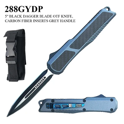 Armed Force Tactical OTF Knife w/Sheath Black & Silver Stainless-Steel Dagger Blade/Gray Zinc Alloy Handle with Carbon Fiber Inserts SKU 288GYDP