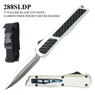 Armed Force Tactical OTF Knife w/Sheath Stainless-Steel Dagger Blade/Silver Zinc Alloy Handle with Carbon Fiber Inserts SKU 288SLDP