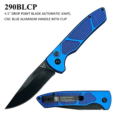 Armed Force Tactical Automatic Knife Black 3CR13 Stainless-Steel Drop Point Blade/Blue CNC Aluminum Handle SKU 290BLCP