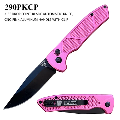 Armed Force Tactical Automatic Knife Black 3CR13 Stainless-Steel Drop Point Blade/Pink CNC Aluminum Handle SKU 290PKCP