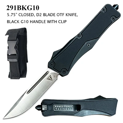 Armed Force Tactical OTF Knife w/Sheath D2 Stainless-Steel Blade/Black Zinc Alloy Handle with G10 Scales SKU 291BKG10