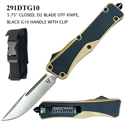 Armed Force Tactical OTF Knife w/Sheath D2 Stainless-Steel Blade/Desert Tan Zinc Alloy Handle with G10 Scales SKU 291DTG10