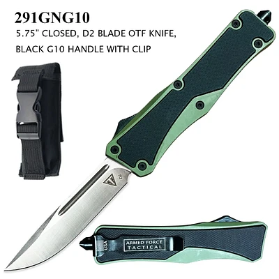 Armed Force Tactical OTF Knife w/Sheath D2 Stainless-Steel Blade/Green Zinc Alloy Handle with G10 Scales SKU 291GNG10