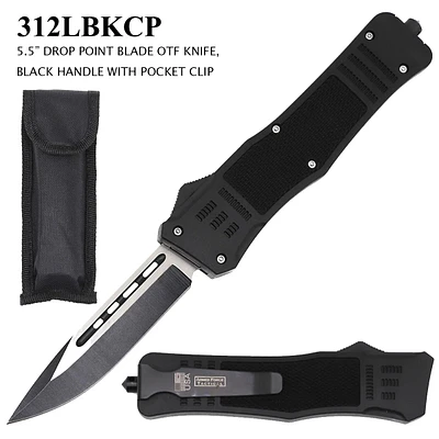 Armed Force Tactical OTF Knife w/Sheath Black & Silver Stainless-Steel Drop Point Blade/Black ABS Handle SKU 312BKCP