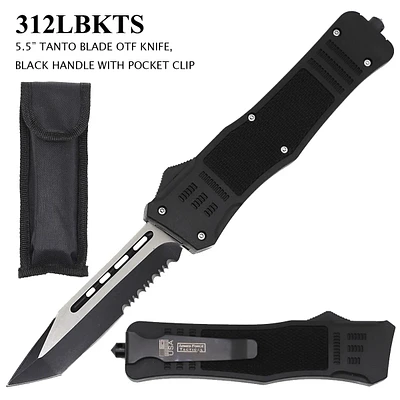 Armed Force Tactical OTF Knife Black & Silver Half Serr. Stainless-Steel Tanto Blade/Black ABS Handle SKU 312BKTS