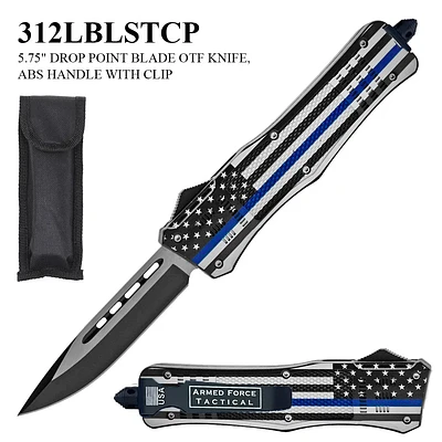 Armed Force Tactical OTF Knife w/Sheath Black & Silver Stainless-Steel Drop Point Blade/US Flag ABS Handle SKU 312LBLSTCP