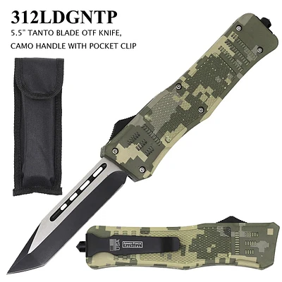 Armed Force Tactical OTF Knife w/Sheath Black & Silver Stainless-Steel Tanto Blade/Green Digital Camo ABS Handle SKU 312LDGNTP