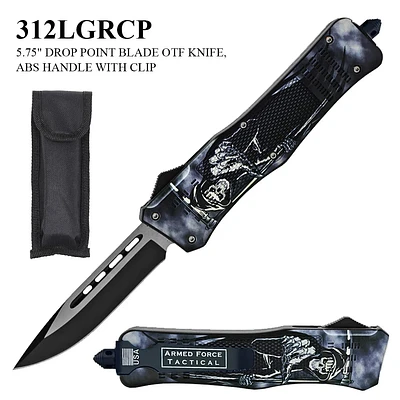 Armed Force Tactical OTF Knife w/Sheath Black & Silver Stainless-Steel Drop Point Blade/Black & Gray Grim Reaper ABS Handle SKU 312LGRCP