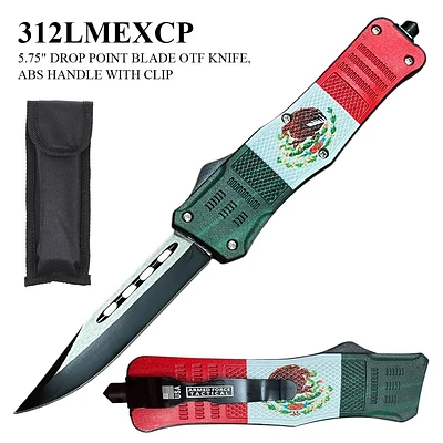 Armed Force Tactical OTF Knife w/Sheath Black & Silver Stainless-Steel Drop Point Blade/Mexico Flag ABS Handle SKU 312LMEXCP