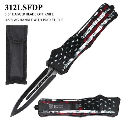 Armed Force Tactical OTF Knife w/Sheath Black & Silver Stainless-Steel Dagger Blade/US Flag ABS Handle SKU 312LSFDP