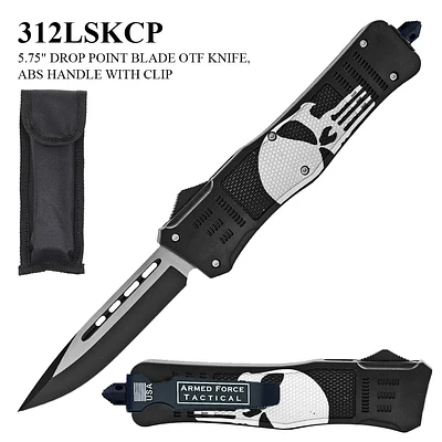 Armed Force Tactical OTF Knife w/Sheath Black & Silver Stainless-Steel Drop Point Blade/Black Punisher ABS Handle SKU 312LSKCP