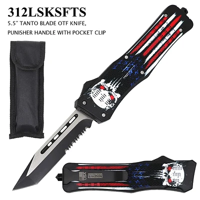 Armed Force Tactical OTF Knife w/Sheath Black & Silver Half Serr. Stainless-Steel Tanto Blade/Black, Red, And White Punisher ABS Handle SKU 312LSKSFTS