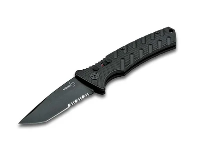 Boker Plus Strike Automatic Knife Black Half Serr. Tanto D2 Steel Blade/Black Alum. Handle SKU 01BO458