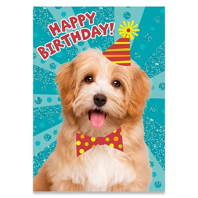 Glitter Dog with Party Hat Birthday Card