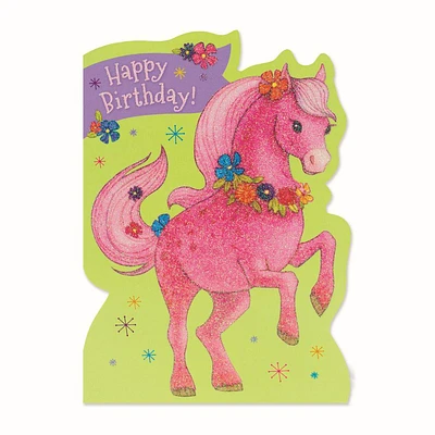 Pink Pony Glitter Birthday Card