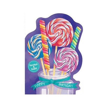 Scratch & Sniff Birthday Card - Swirl Lollipops Candy