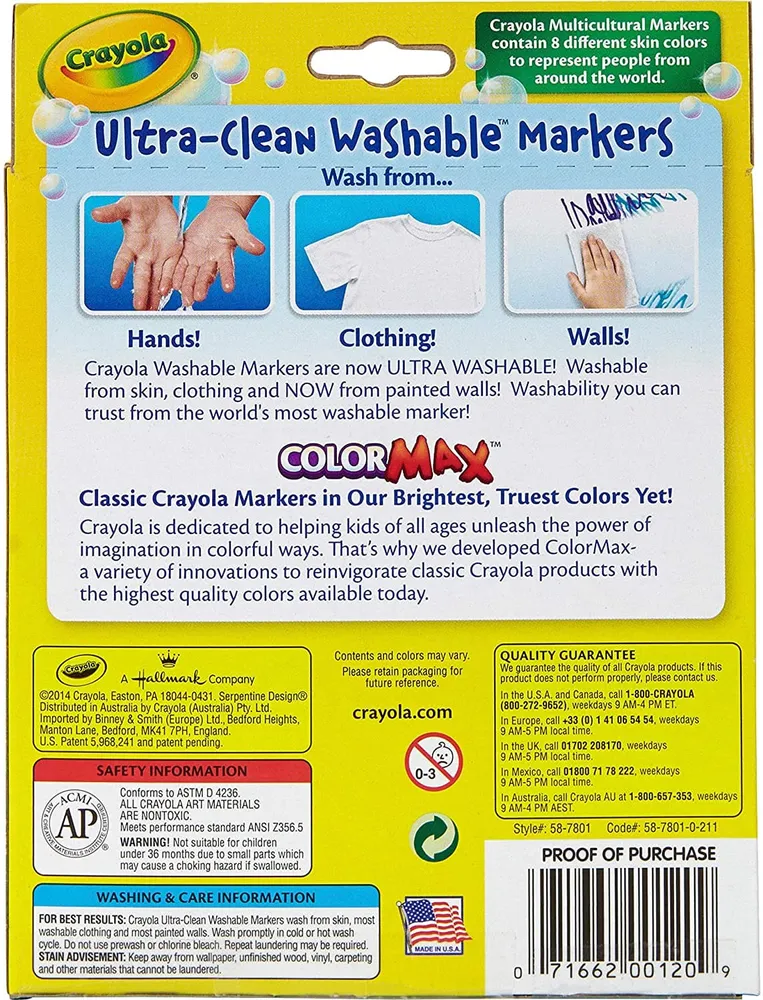 Crayola 8 Count Ultra-Clean Washable Multicultural, Broad Line, ColorMax Markers