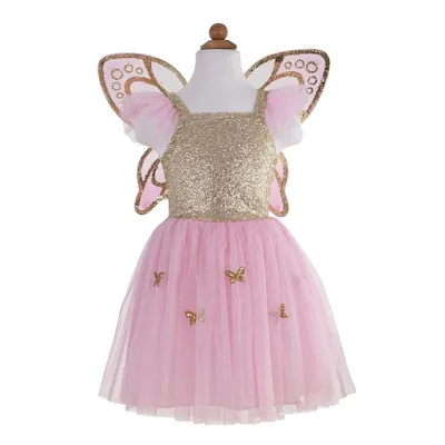 Dress Up Gold Butterfly Dress With Fairy Wings (Size 5-7)