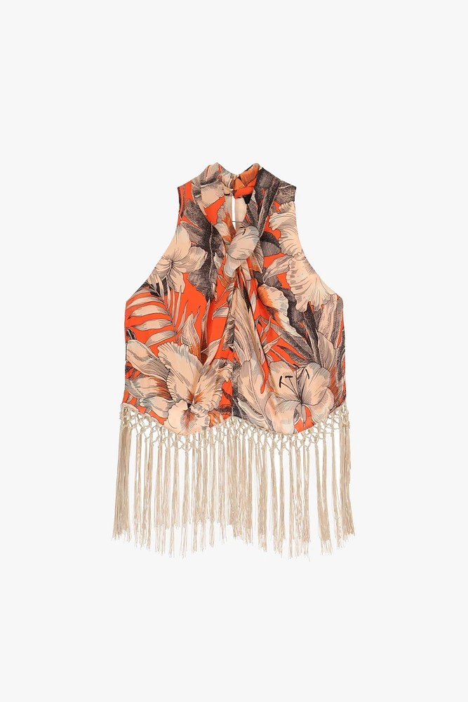 Haut croisé à imprimé floral et franges