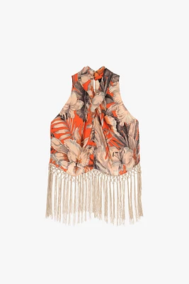 Haut croisé à imprimé floral et franges