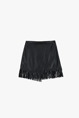 Short wrap skirt faux leather with fringes