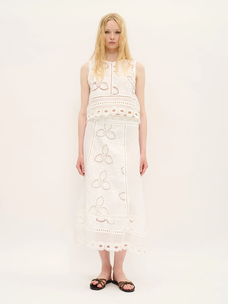 Jupe midi brodée en coton blanc