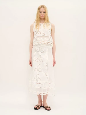 Jupe midi brodée en coton blanc