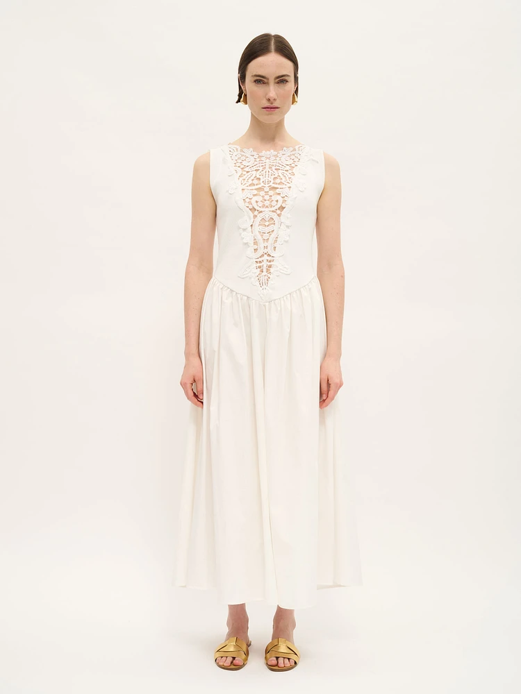 Lace-Front Cotton Midi Dress