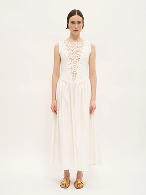 Lace-Front Cotton Midi Dress