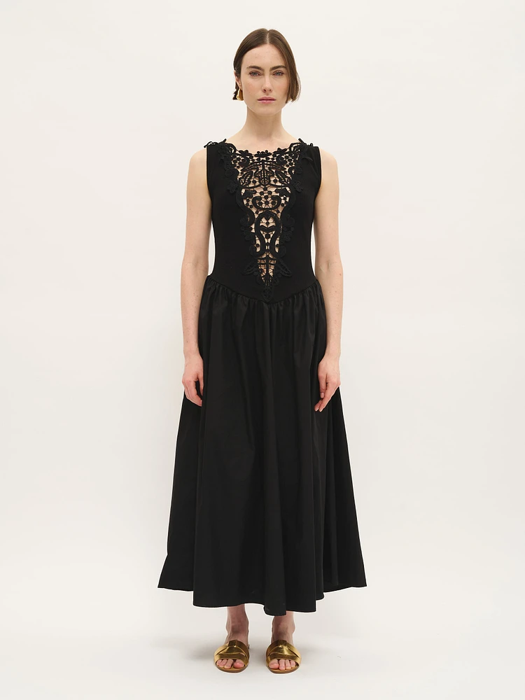 Lace-Front Cotton Midi Dress