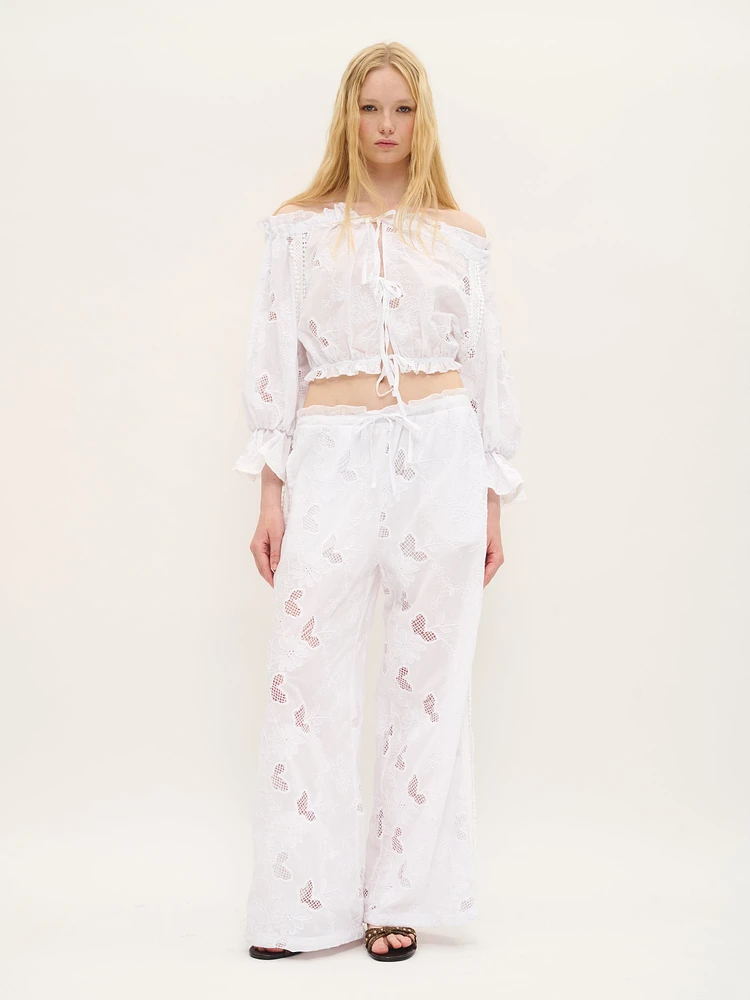 Wide-Leg Embroidered Cotton Pants