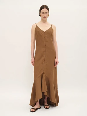 Linen Blend Button-Front Maxi Dress